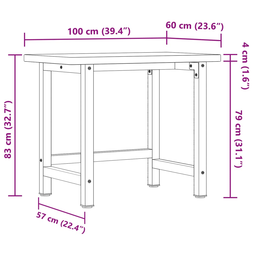 arbejdsbænk 100x60x83 cm massivt egetræ rektangulær