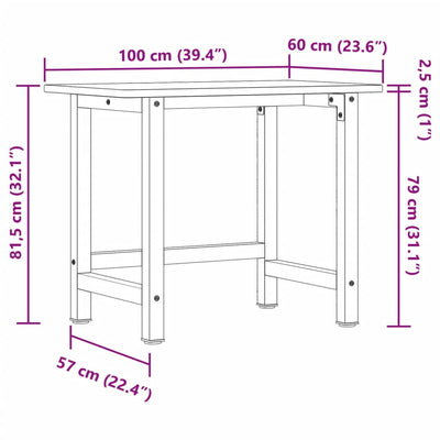 arbejdsbænk 100x60x81,5 cm massivt egetræ rektangulær mørkebrun