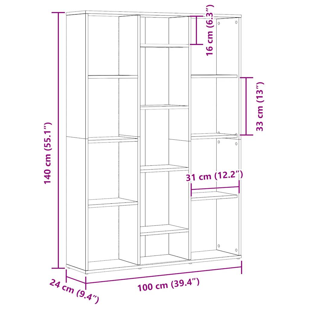 rumdeler/bogreol 100x24x140 cm konstrueret træ gammelt træ