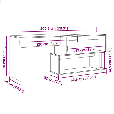 skrivebord til hjørne 200,5x50x76 cm konstrueret træ antikt træ