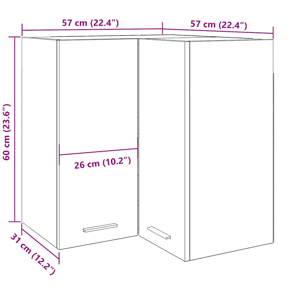 væghængt hjørneskab 57x57x60 cm konstrueret træ antikt træ