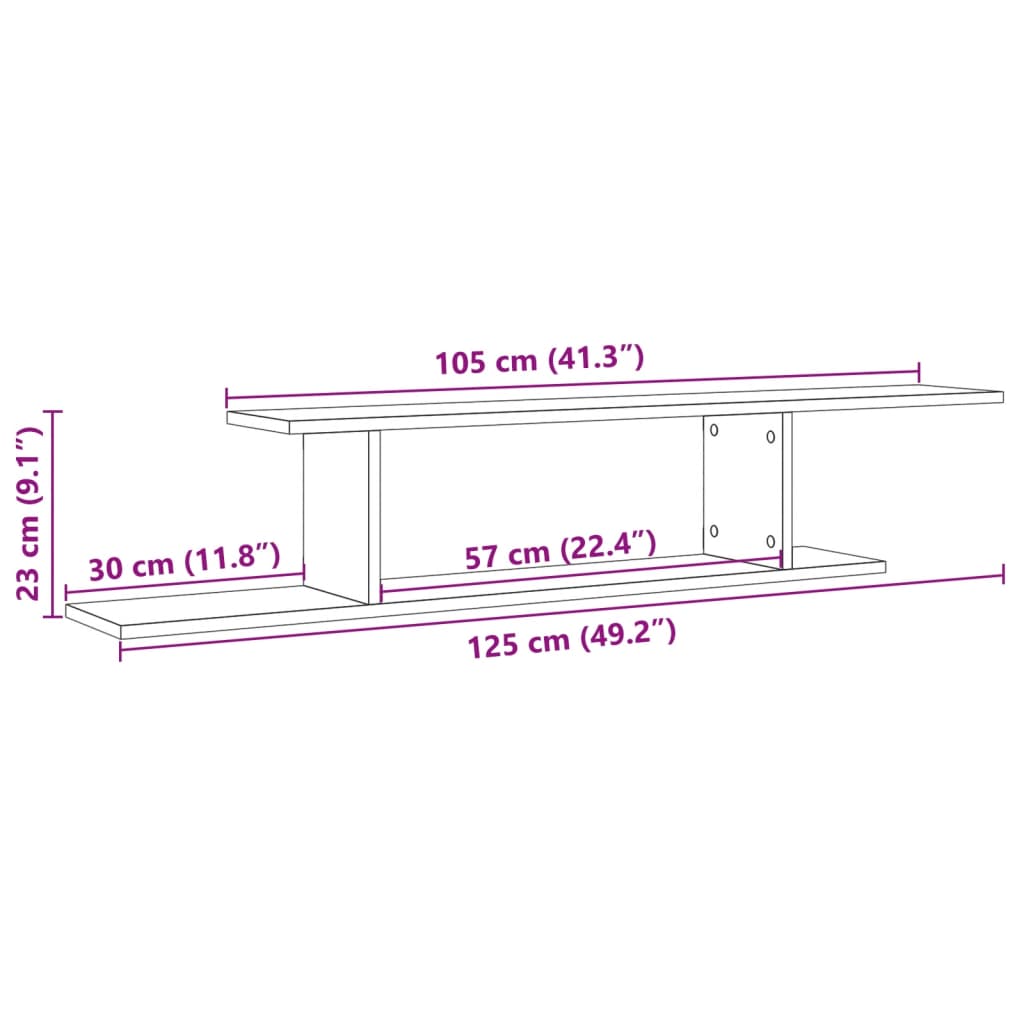 væghængt tv-hylde 125x18x23 cm konstrueret træ antikt trælook