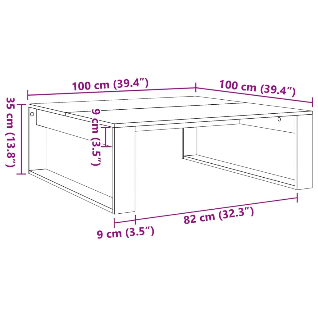 sofabord 100x100x35 cm konstrueret træ antikt eg