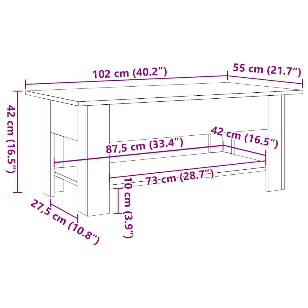 sofabord 102x55x42 cm konstrueret træ antikt trælook