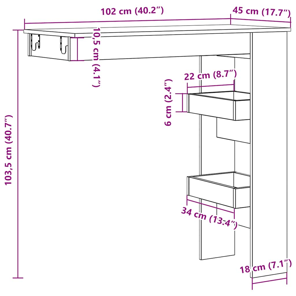 væghængt barbord 102x45x103,5 cm konstrueret træ antikt træ