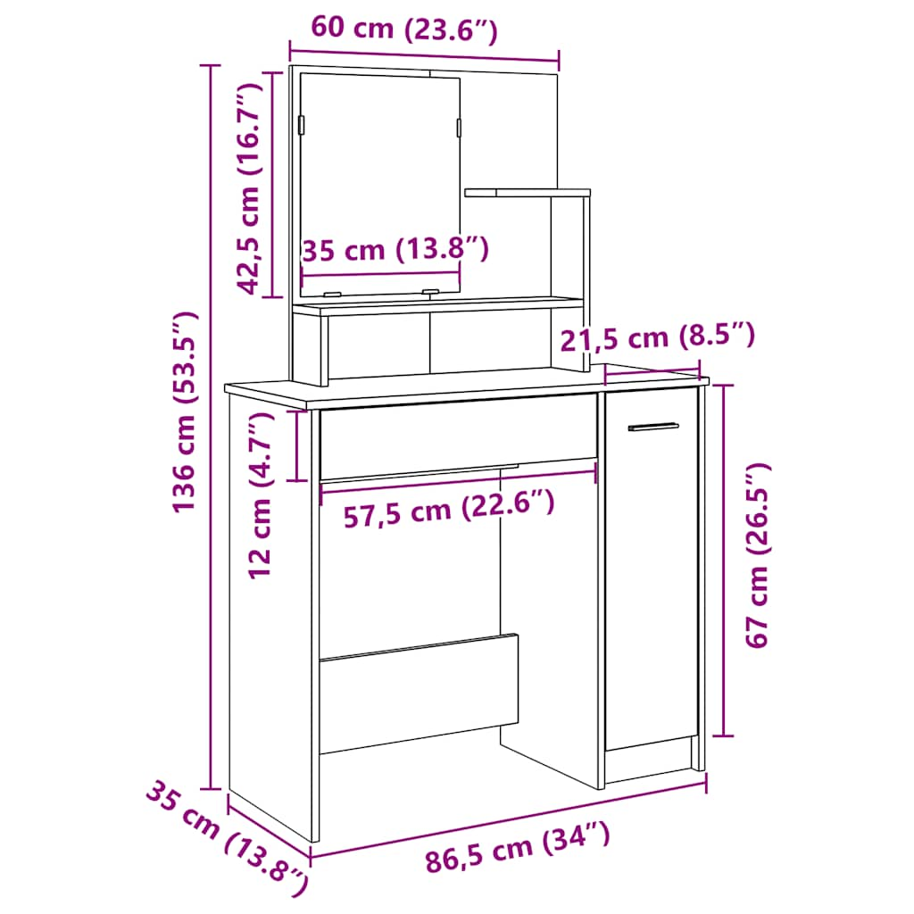 makeupbord med spejl 86,5x35x136 cm kunsteg