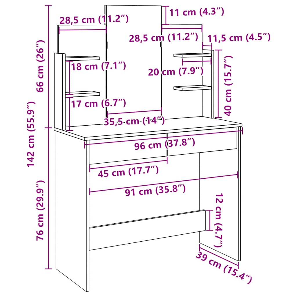 makeupbord med spejl 96x39x142 cm gammelt træ-look