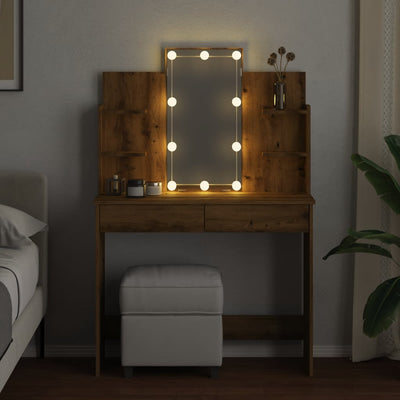 makeupbord med LED-lys 96x40x142 cm kunsteg