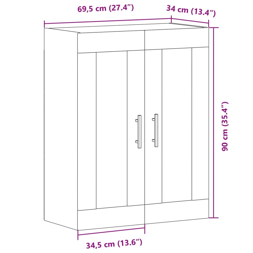 vægskab 69,5x34x90 cm konstrueret træ egetræslook