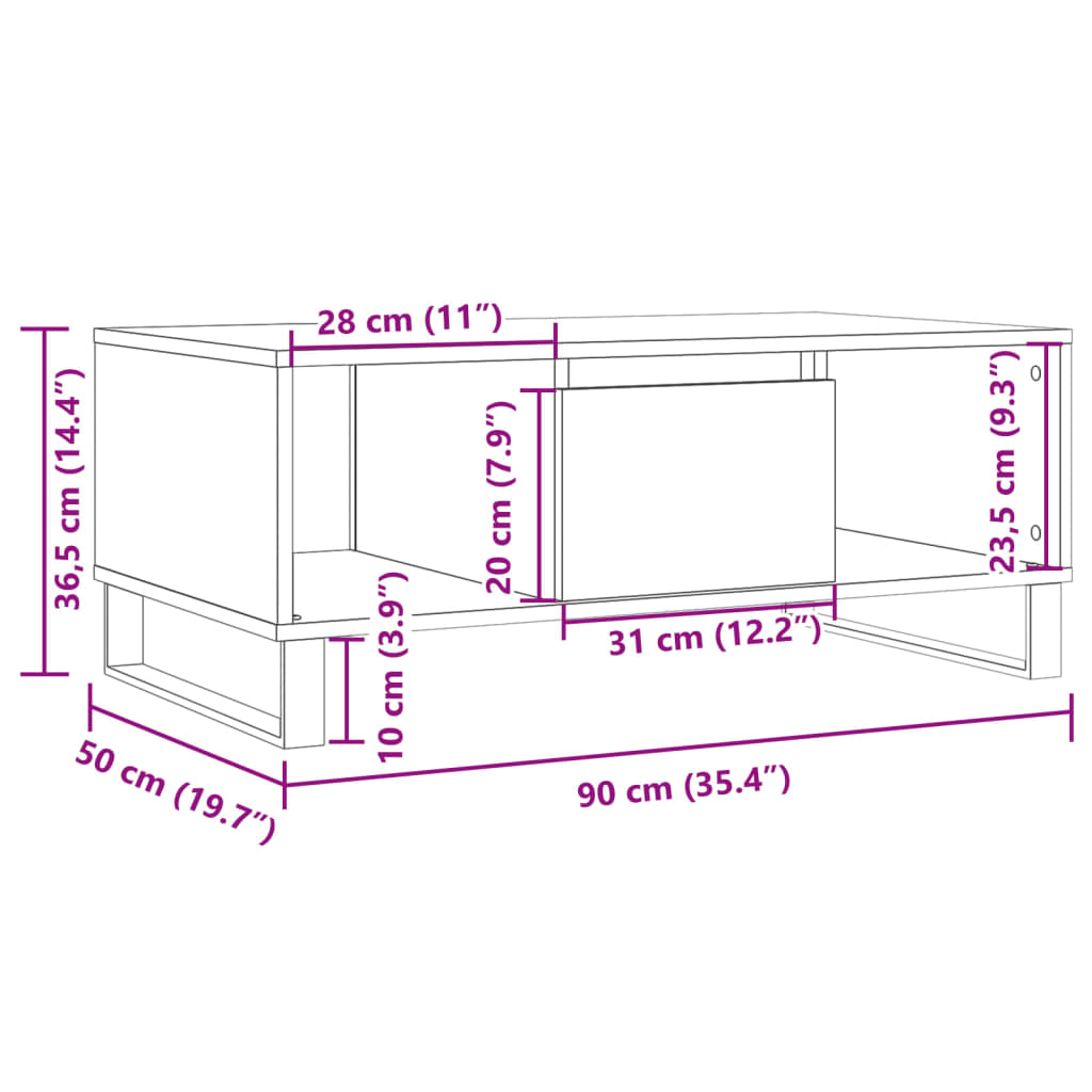 sofabord 90x50x36,5 cm konstrueret træ kunsteg