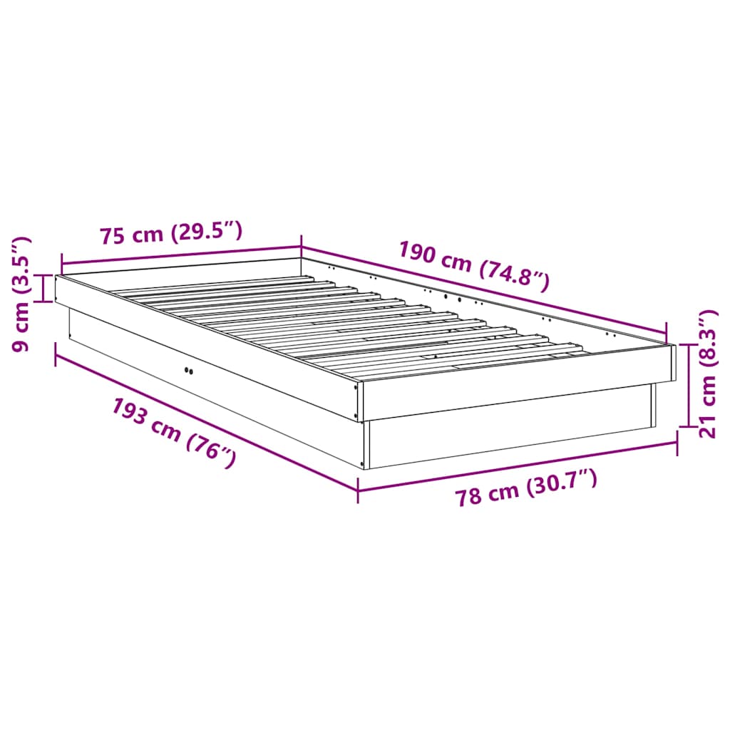 Sengeramme uden madras 75x190 cm Massivt træ Eg