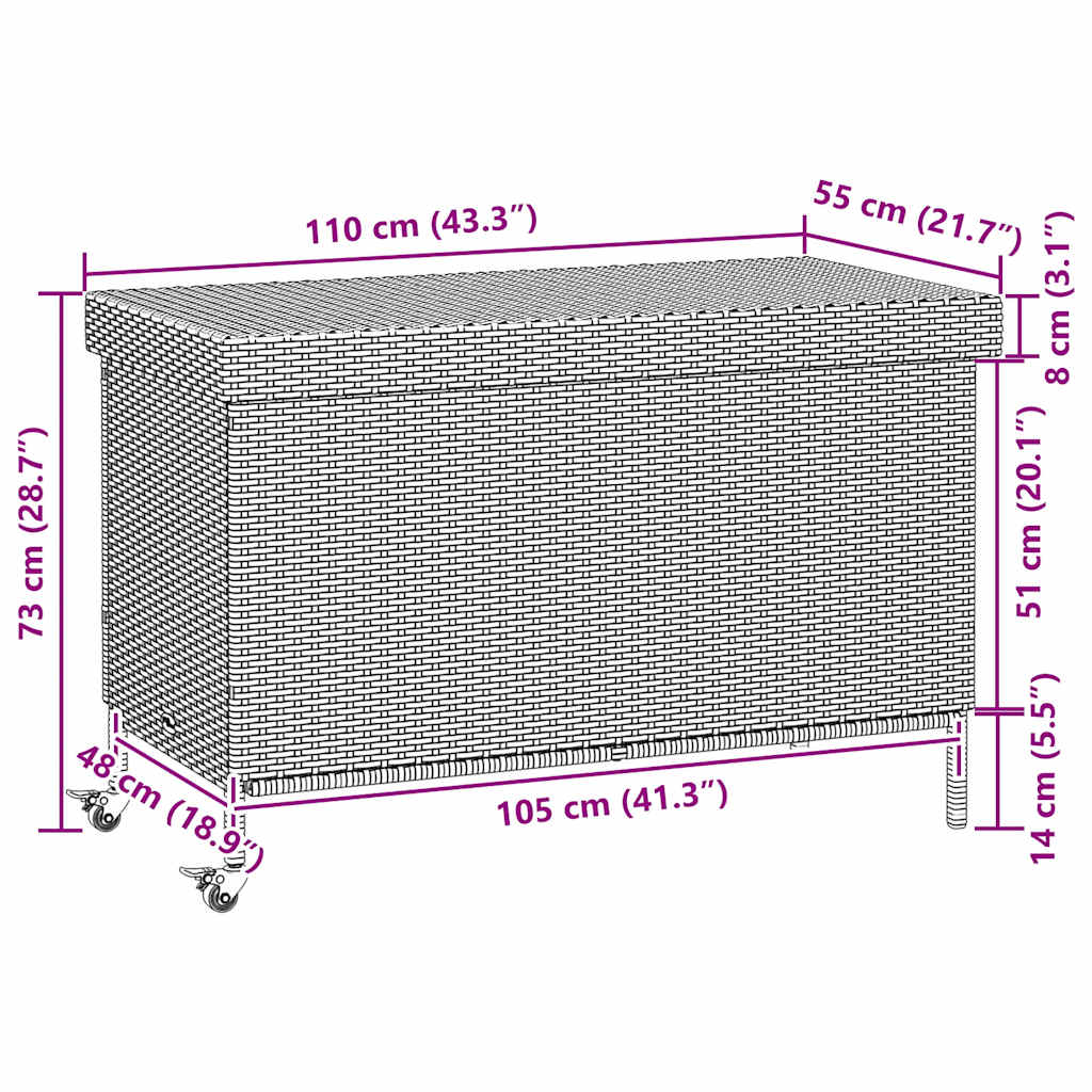 opbevaringsboks med hjul 110x55x73 cm polyrattan sort