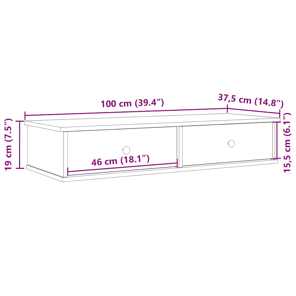 væghylde med skuffer 100x37,5x19 cm konstrueret træ sort