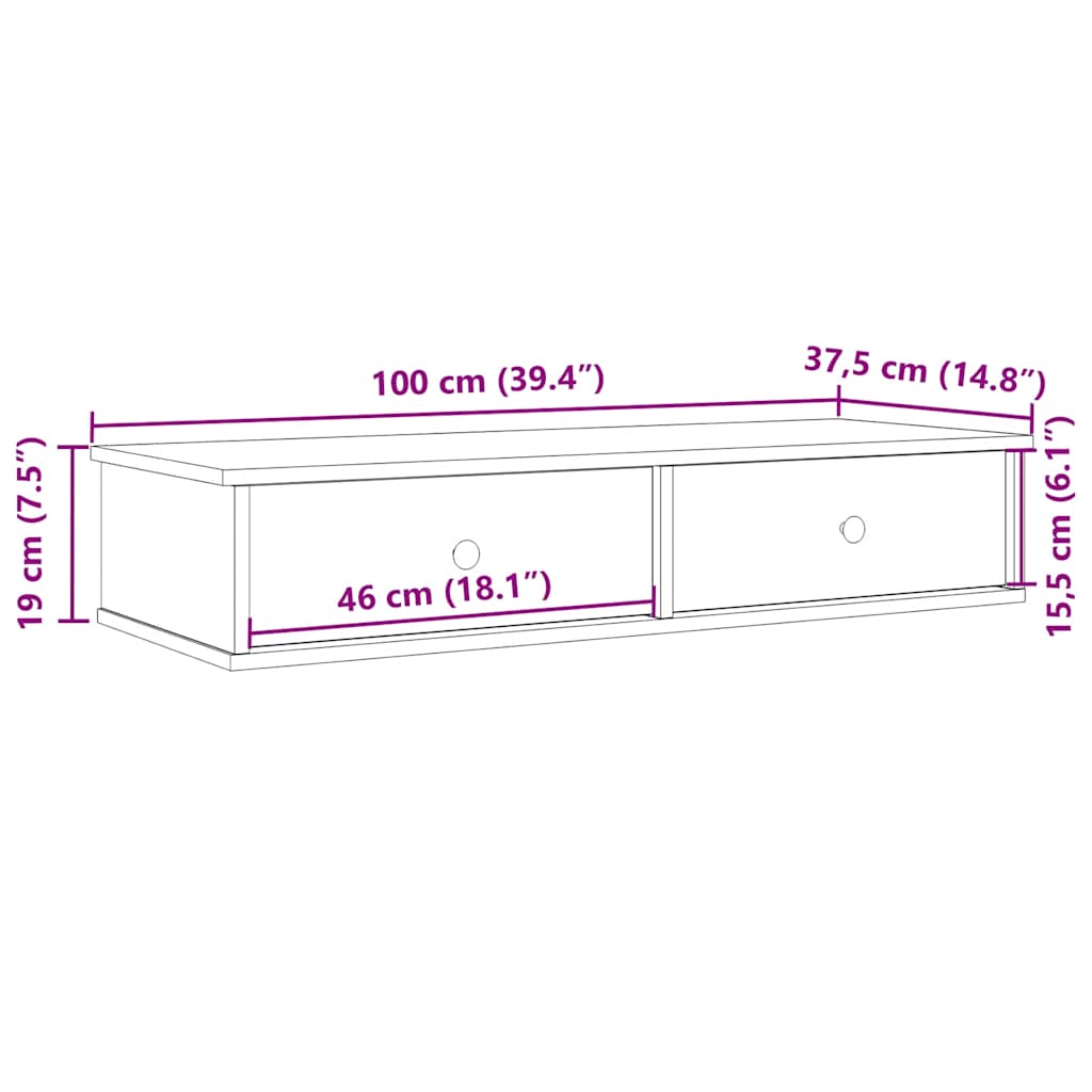 væghylde med skuffer 100x37,5x19 cm konstrueret træ betongrå