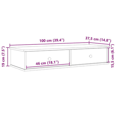 væghylde med skuffer 100x37,5x19 cm konstrueret træ betongrå