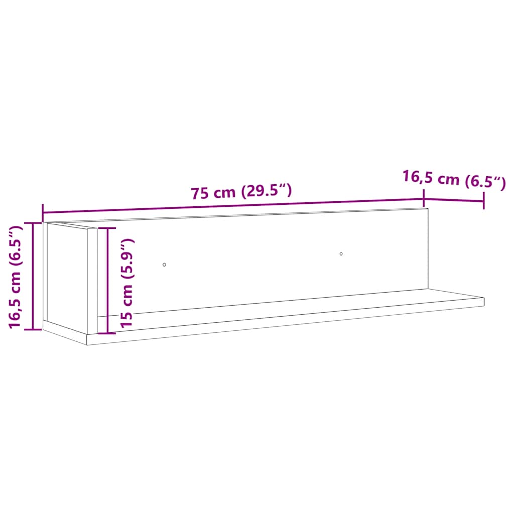 væghylder 2 stk. 75x16,5x16,5 cm konstrueret træ betongrå