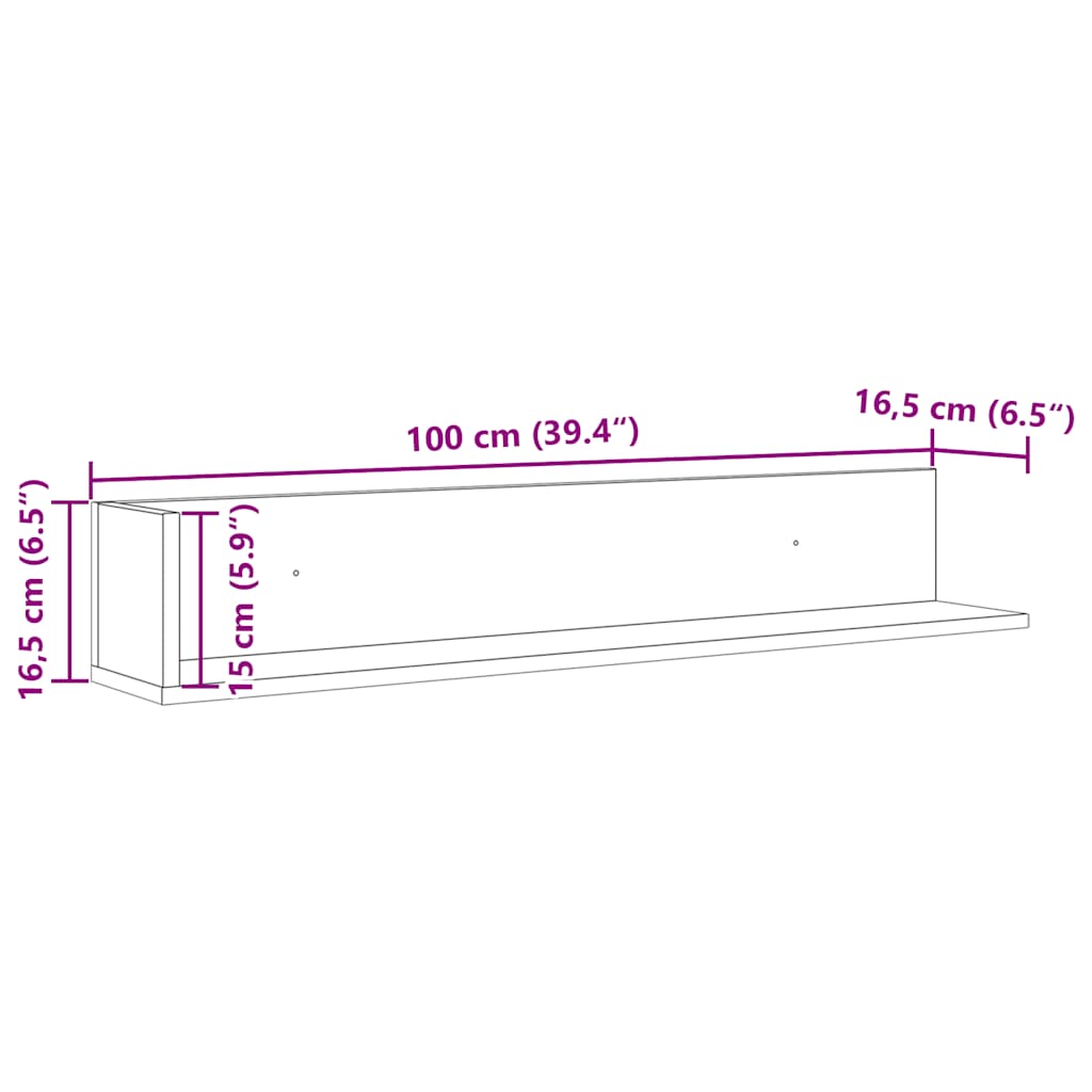 væghylder 2 stk. 100x16,5x16,5 cm konstrueret træ betongrå