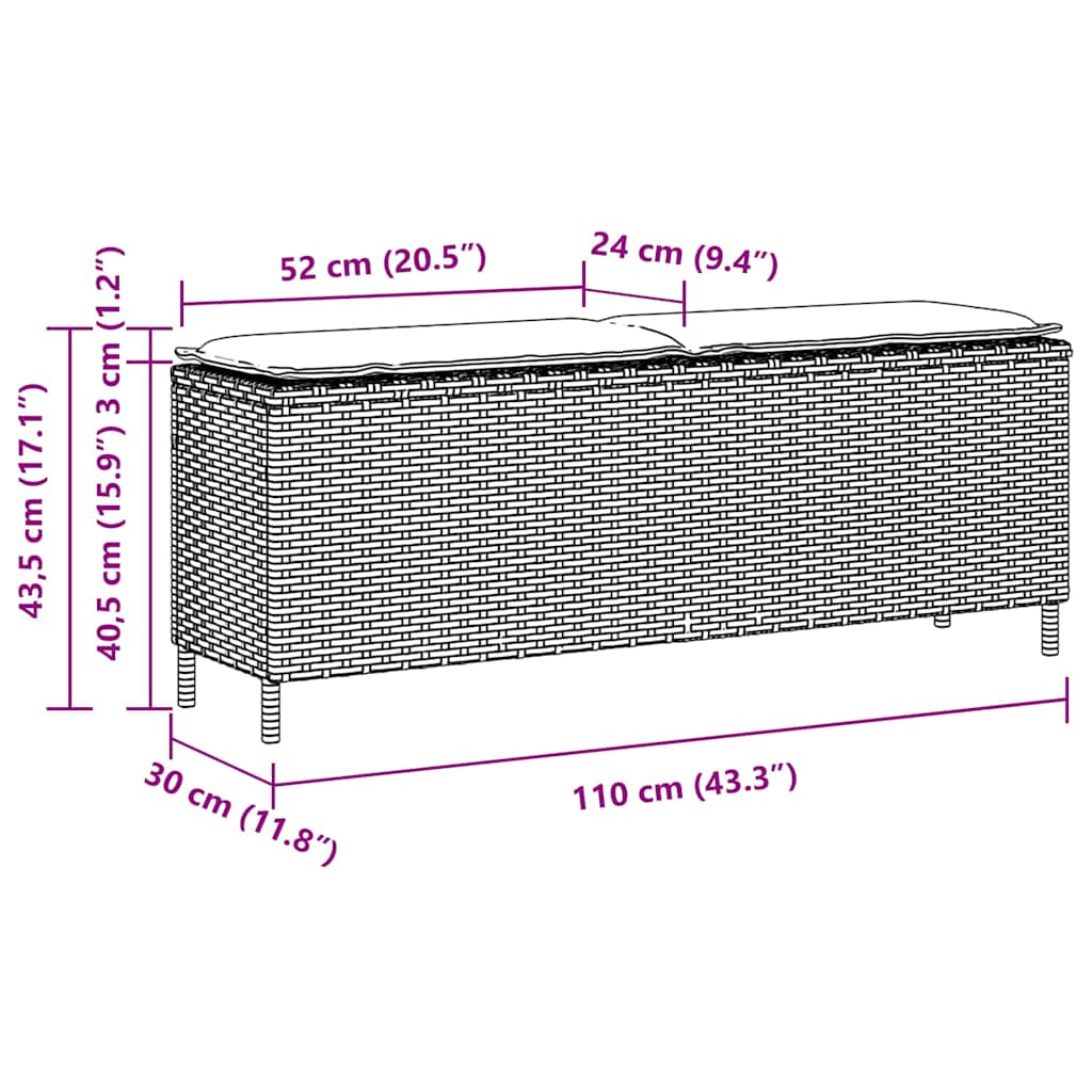 havebænk med hynde 110x30x40,5 cm polyrattan grå