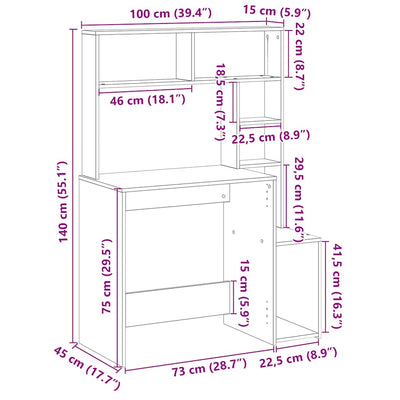 skrivebord m. hylder 100x45x140 cm konstrueret træ sort