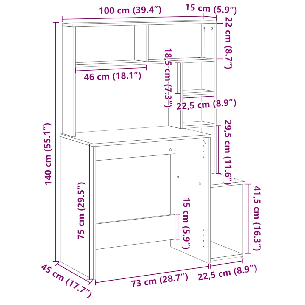 skrivebord med hylder 100x45x140 cm konstrueret træ sonoma-eg