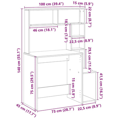 skrivebord med hylder 100x45x140 cm konstrueret træ grå sonoma