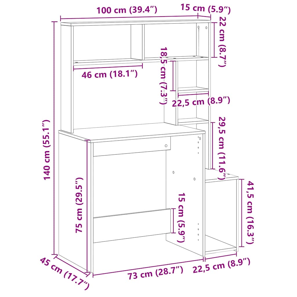 skrivebord m. hylder 100x45x140 cm konstrueret træ antikt træ