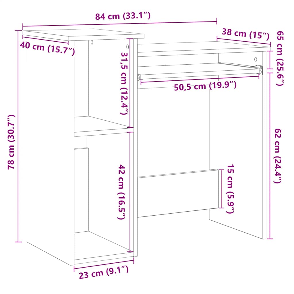 skrivebord m. hylder 84x40x78 cm konstrueret træ sort