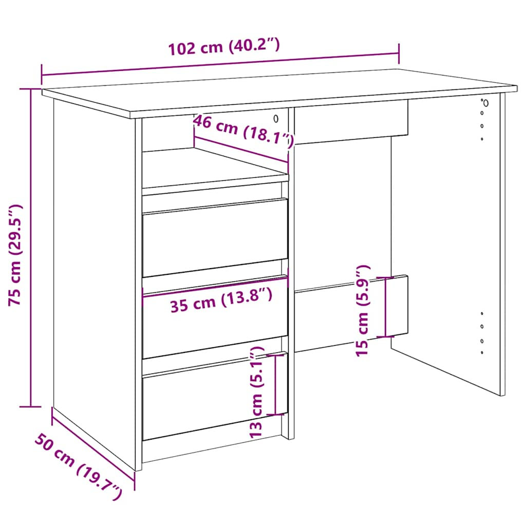 skrivebord 102x50x75 cm konstrueret træ sonoma-eg