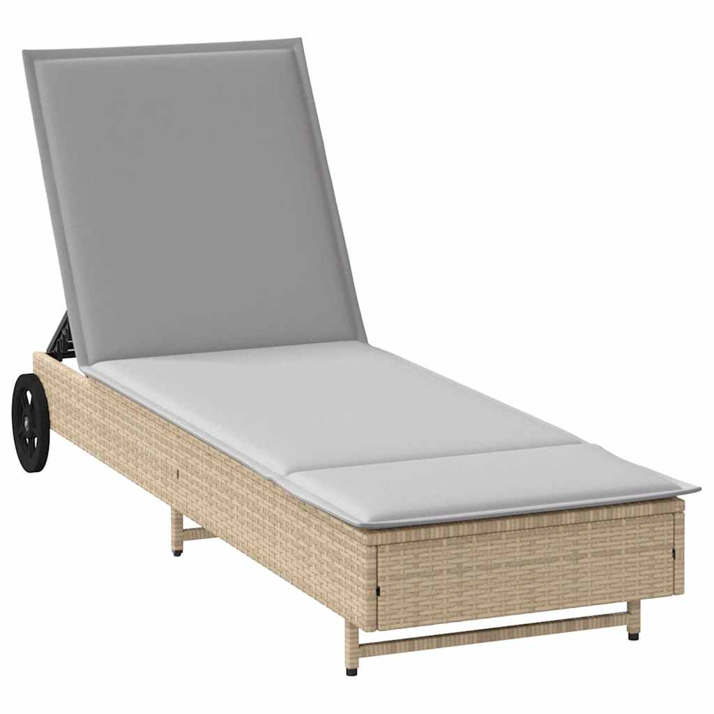 liggestol med hjul og hynde polyrattan beige