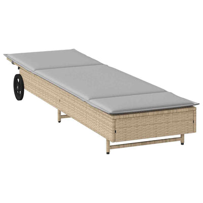 liggestol med hjul og hynde polyrattan beige