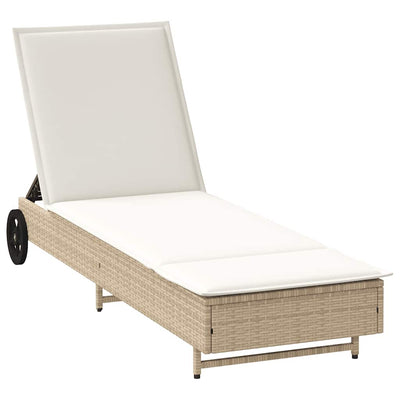 liggestol med hjul og hynde polyrattan beige