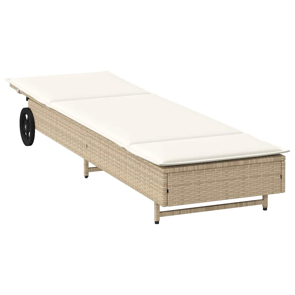 liggestol med hjul og hynde polyrattan beige