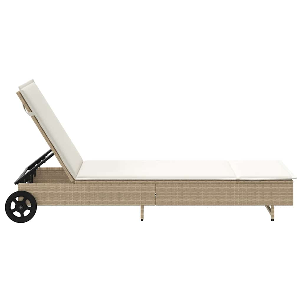 liggestol med hjul og hynde polyrattan beige