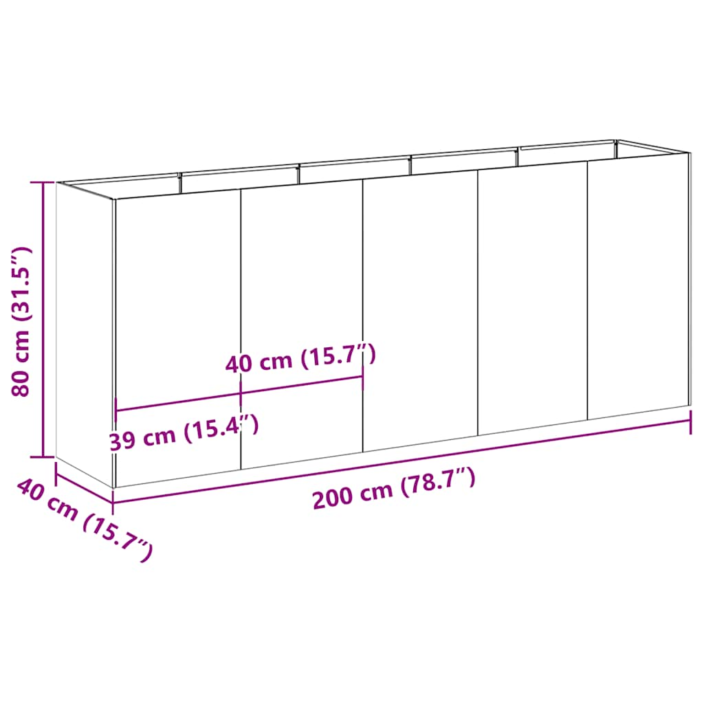 plantekasse sort 200x40x80 cm koldvalset stål