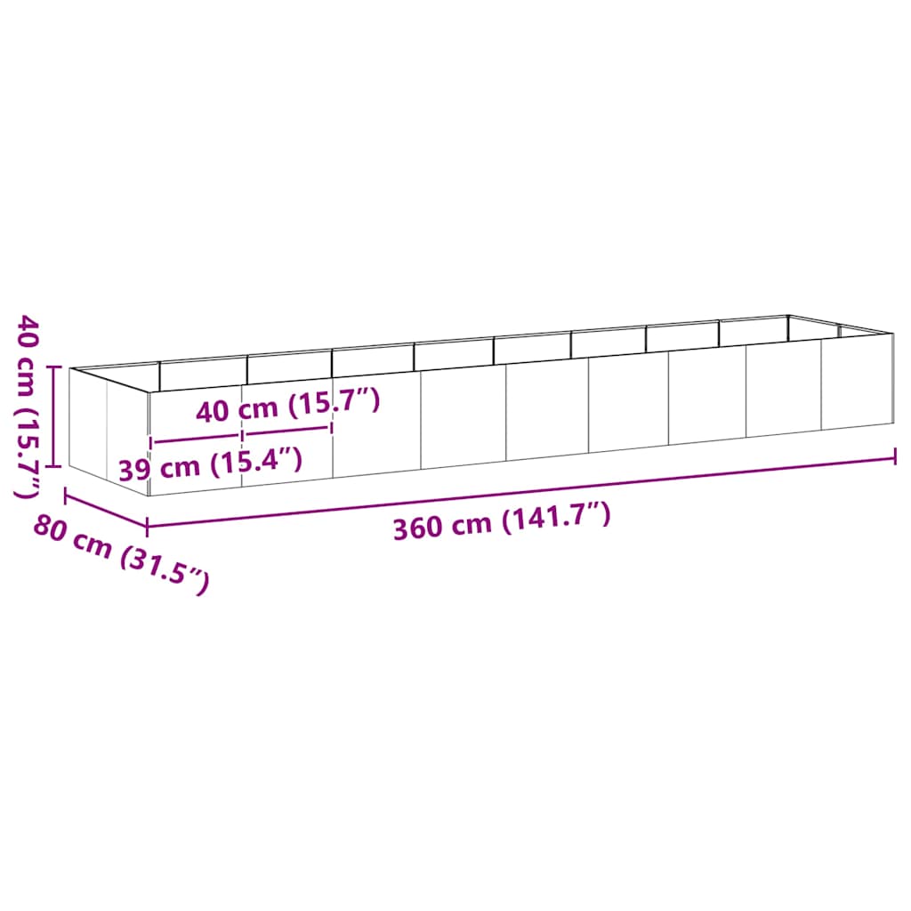 plantekasse 360x80x40 cm stål sort